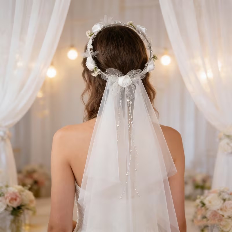 White Rose Flower Crown Veil Headpiece