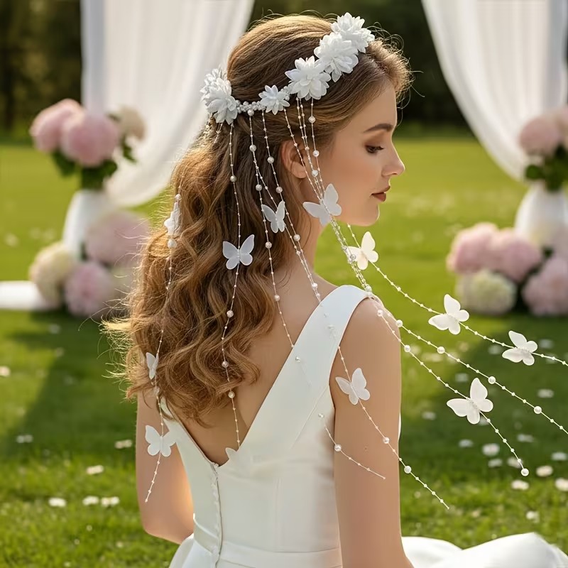 White Flower and Butterfly Fringe Bridal Headband