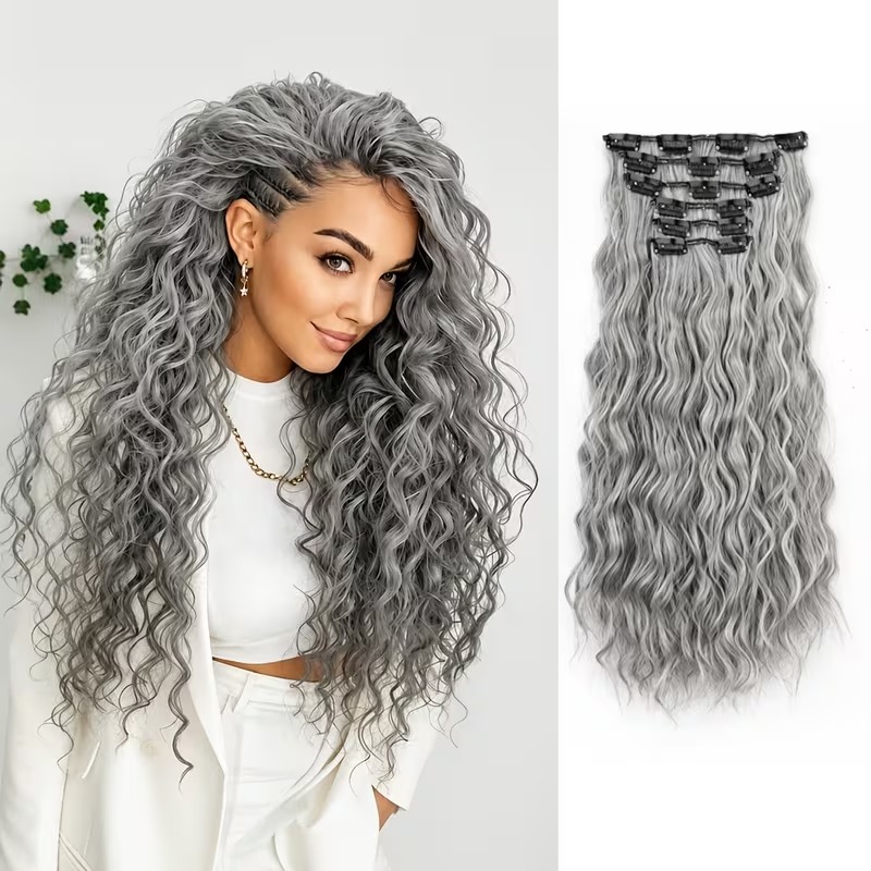 24-Inch Silvery Gray Water Wave Clip-In Hair Extensions